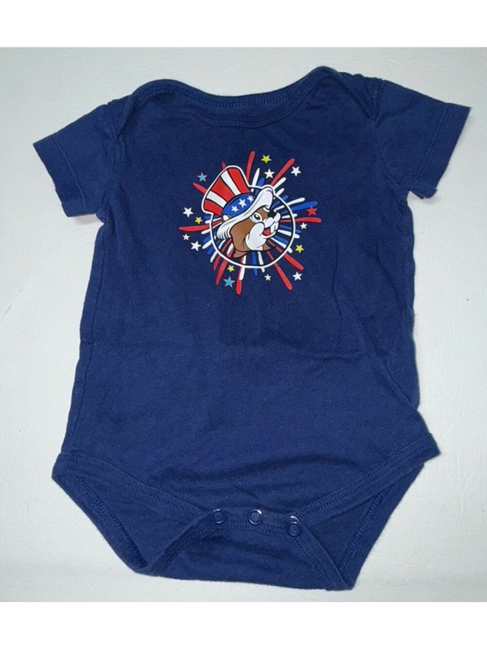 Buc-ee's Bodysuit One Piece Baby Short Sleeve July 4th Blue Romper Infant 6 M